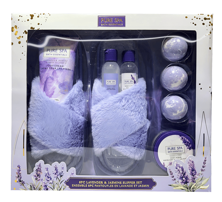 Pure Spa 8PC Lavender & Jasmine Slipper Set with bath essentials.
