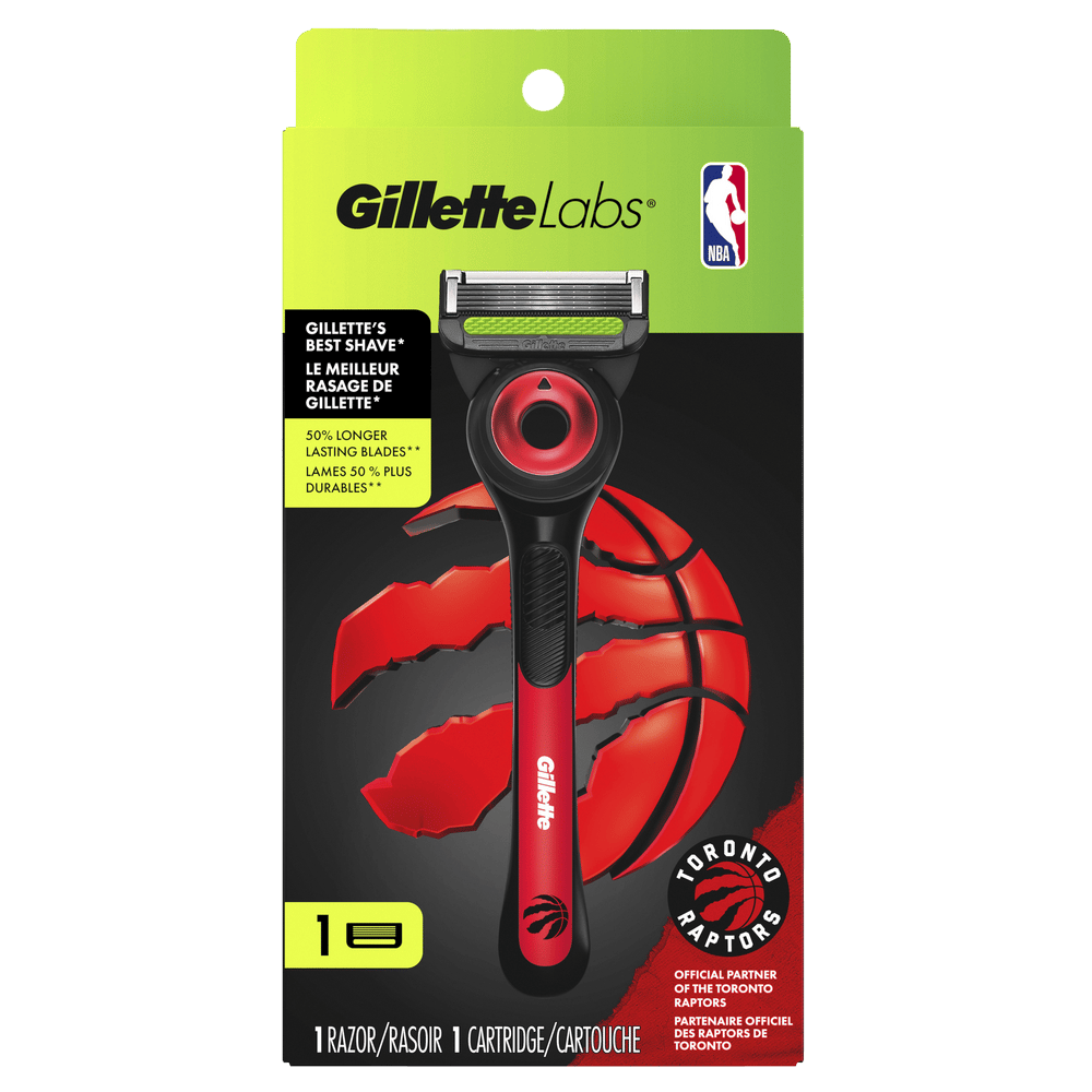 GilletteLabs razor featuring Toronto Raptors branding, 1 razor and 1 cartridge. NBA licensed product.