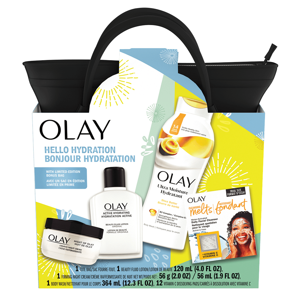 Olay 'Hello Hydration' kit with black tote bag and various Olay skincare products.