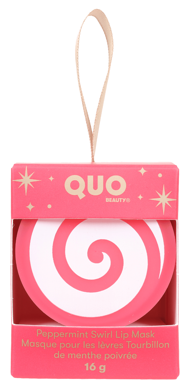 Pink QUO BEAUTY Peppermint Swirl Lip Mask (16g) in a box with candy swirl design & ribbon.