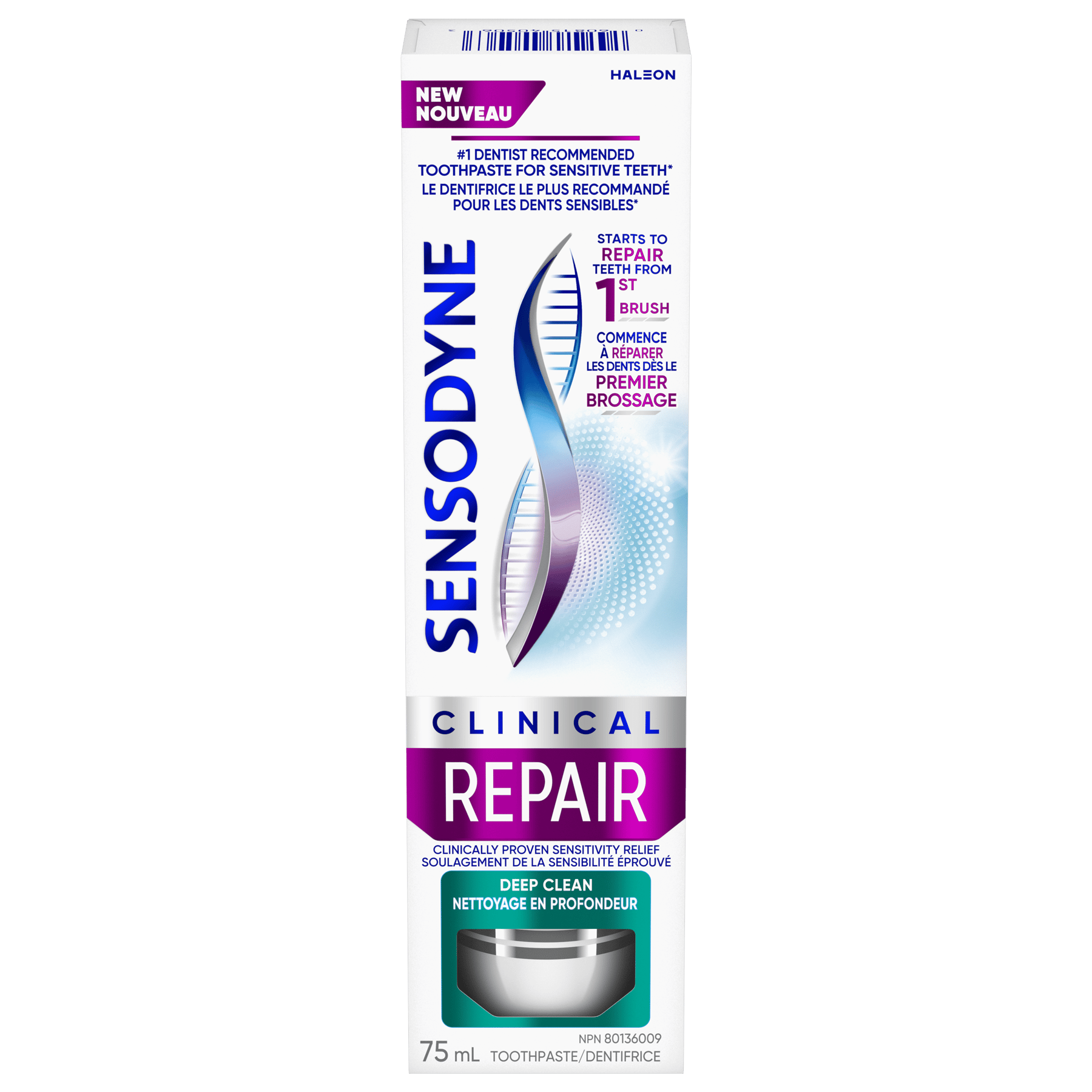 Sensodyne Clinical Repair Deep Clean toothpaste for sensitive teeth, starts to repair from first brush.