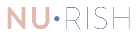 The logo features the word "NU-RISH" with "NU" in light pink and "-RISH" in a blue outline, separated by a dot.
