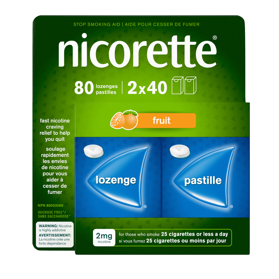 Nicorette 80 fruit lozenges, 2mg nicotine, for smoking cessation, fast craving relief.