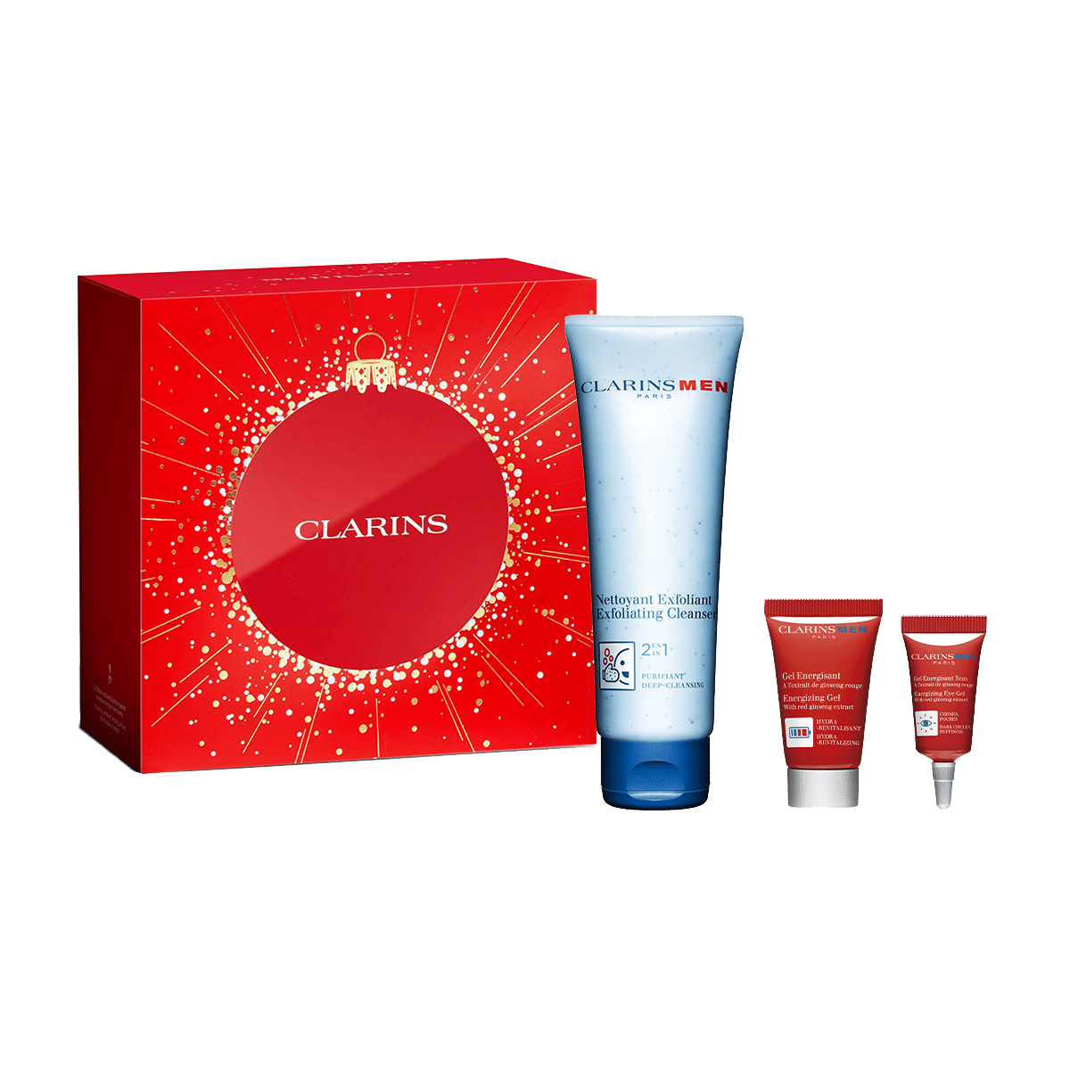Clarins Men skincare gift set with exfoliating cleanser, energizing gel, and eye gel, in a red holiday box.