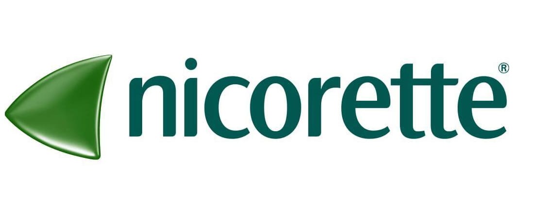 Nicorette logo featuring a vibrant green leaf-like symbol on the left and the brand name "nicorette" in green text.