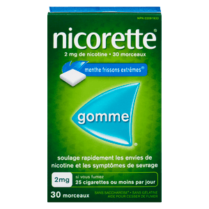 Box of Nicorette 2mg extreme mint nicotine gum, 30 pieces, for smoking cessation.