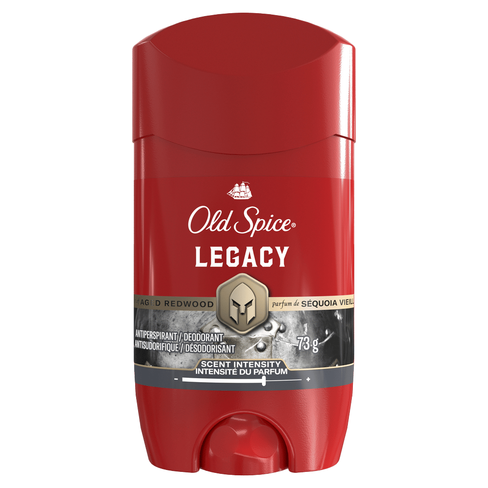 A red Old Spice Legacy antiperspirant/deodorant stick with Aged Redwood scent, 73g, on a green background.