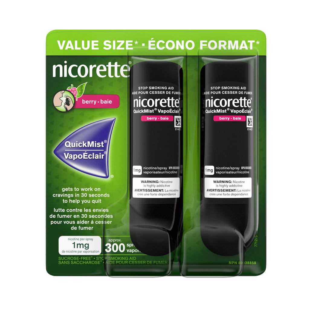 Value size package of two Nicorette QuickMist VapoÉclair berry-flavored nicotine sprays for quitting smoking.