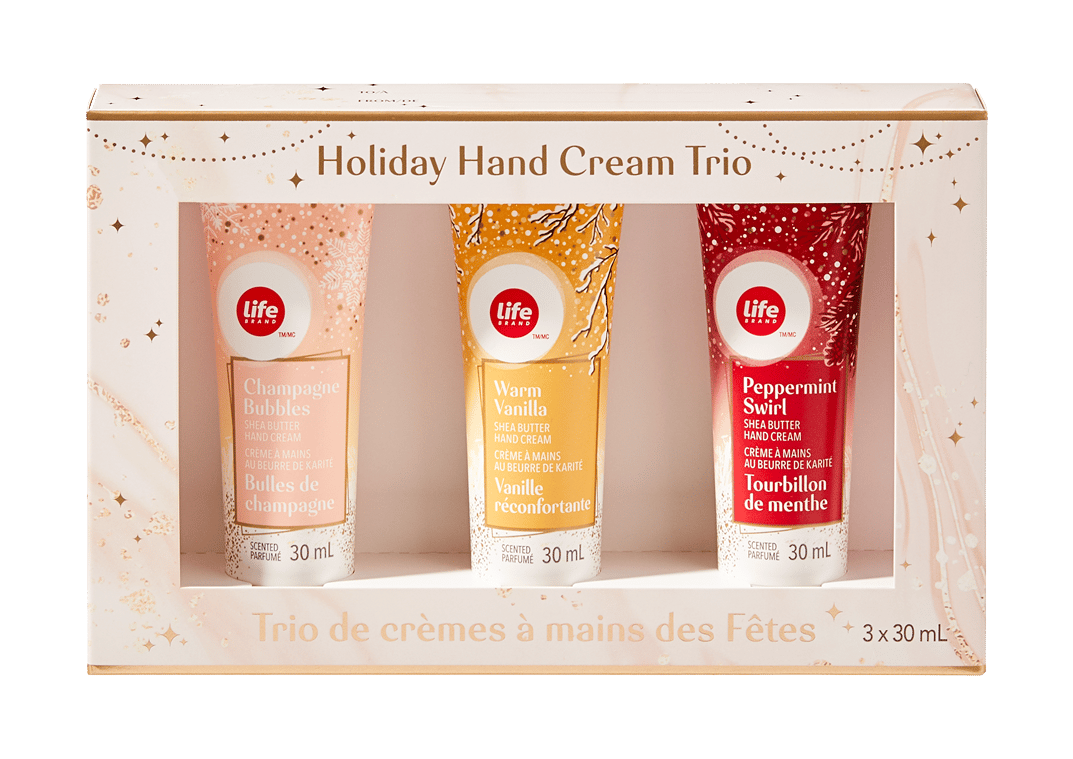 Life Brand Holiday Hand Cream Trio: Champagne Bubbles, Warm Vanilla, and Peppermint Swirl (3x30mL).