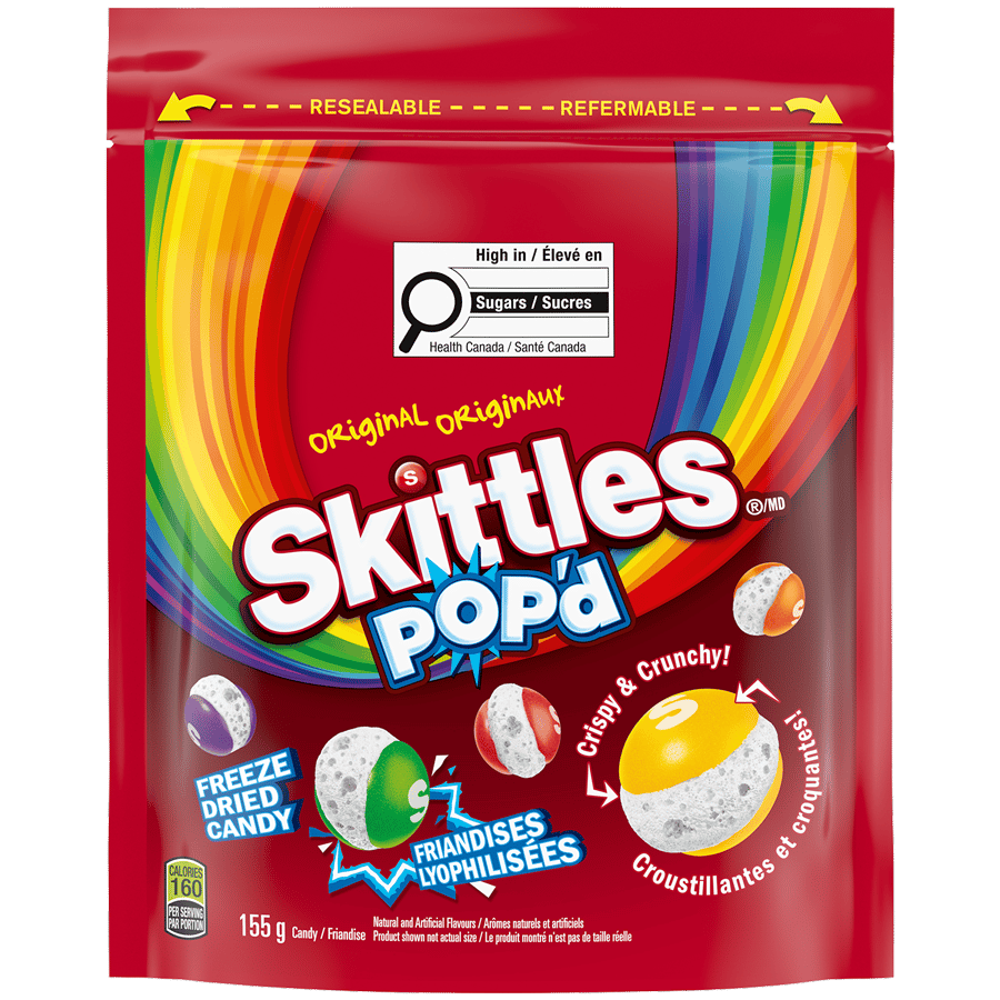 Red resealable bag of Skittles Pop'd, featuring freeze-dried, crispy, and crunchy fruit-flavored candy.