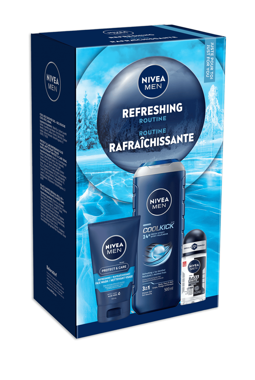 Nivea Men "Refreshing Routine" gift set with shower gel, face wash, and deodorant.