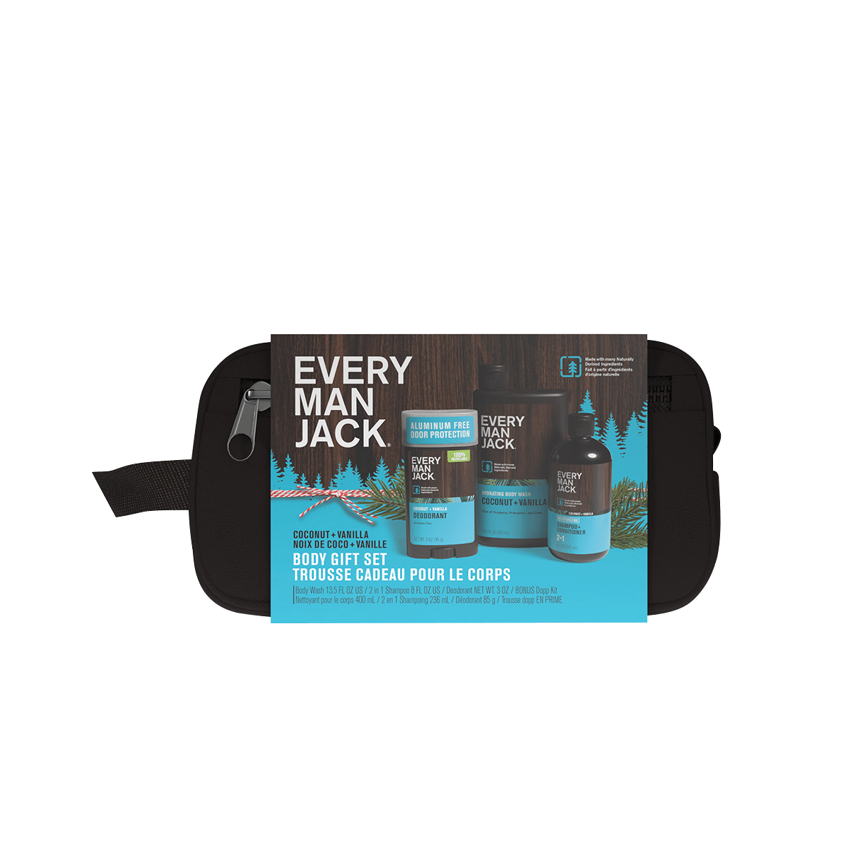 Every Man Jack Coconut + Vanilla body gift set, including body wash, shampoo, and deodorant, inside a black toiletry bag.