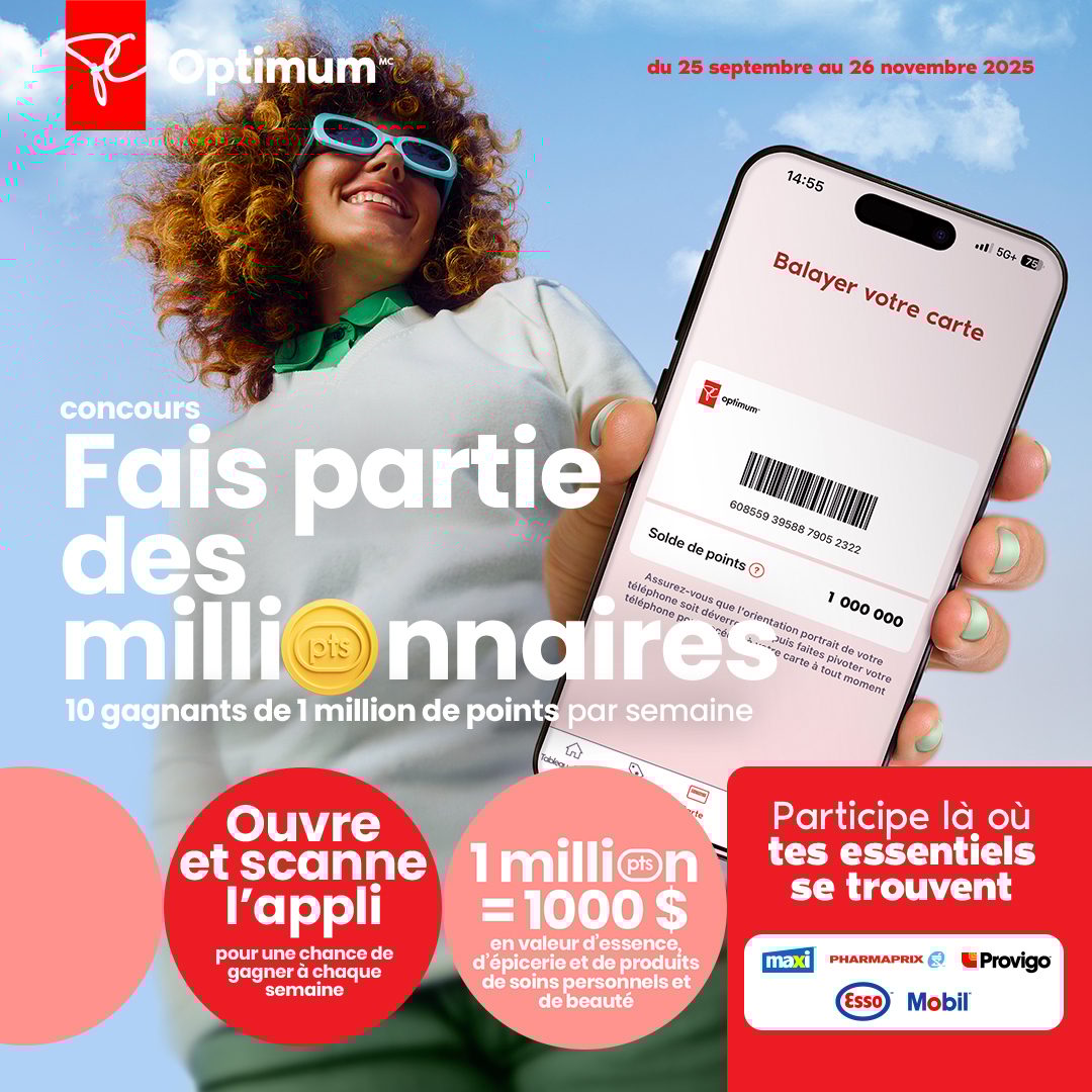 Optimum app contest: Woman holds phone with 1M points, promoting weekly $1000 prize win.