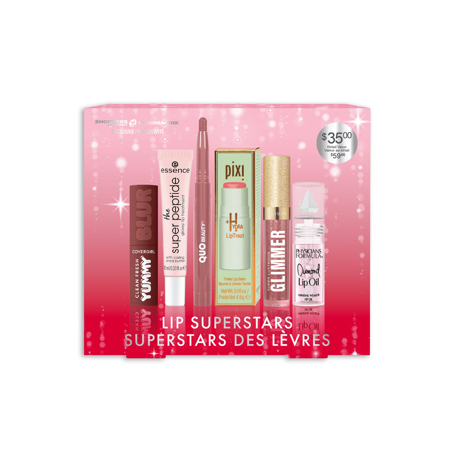 A "Lip Superstars" gift set with six lip products from various brands, priced $35.