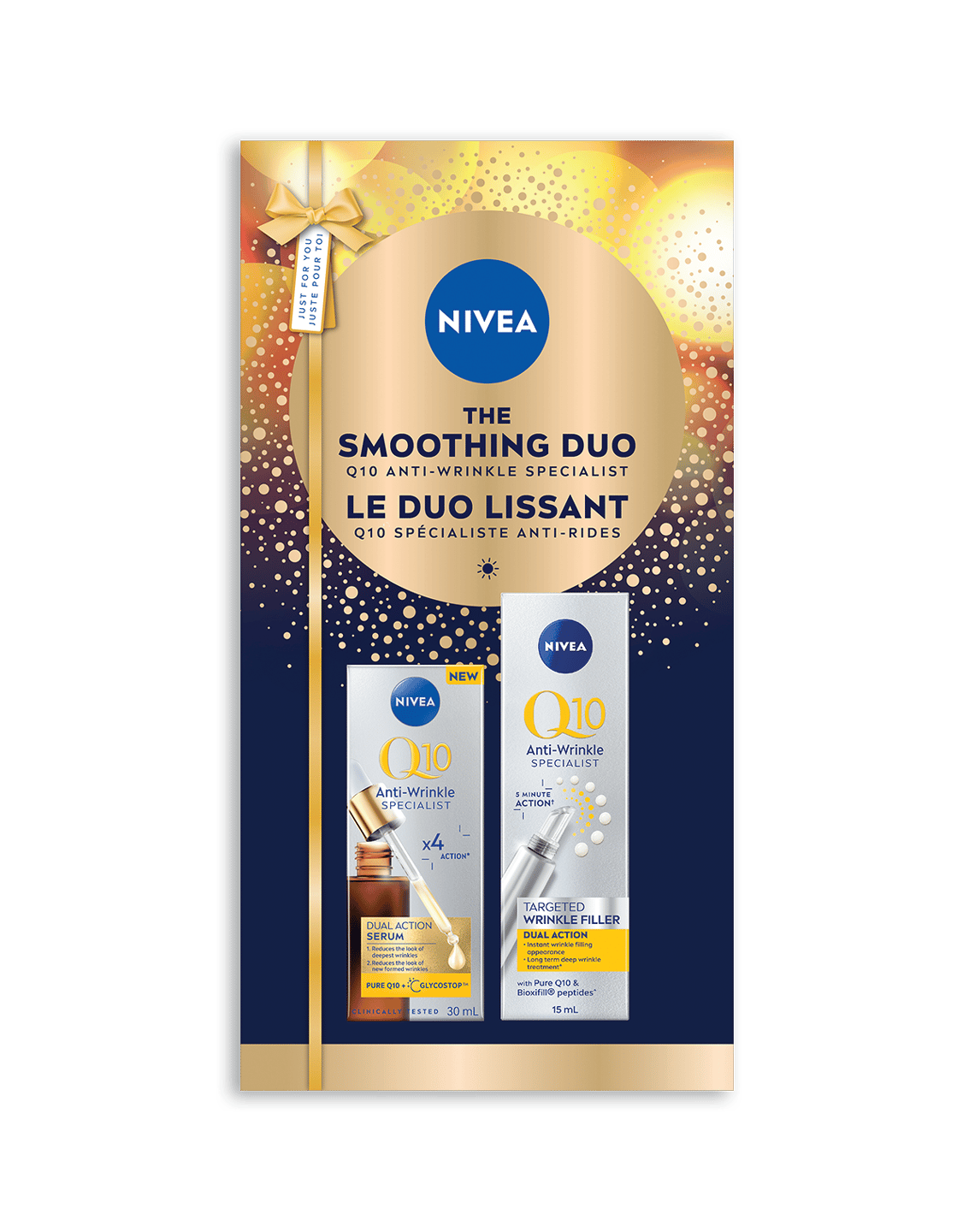 Nivea Q10 Smoothing Duo anti-wrinkle serum & targeted filler in gift packaging.