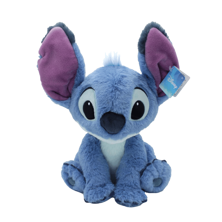 Blue Stitch plush toy with purple ears and a Disney tag.