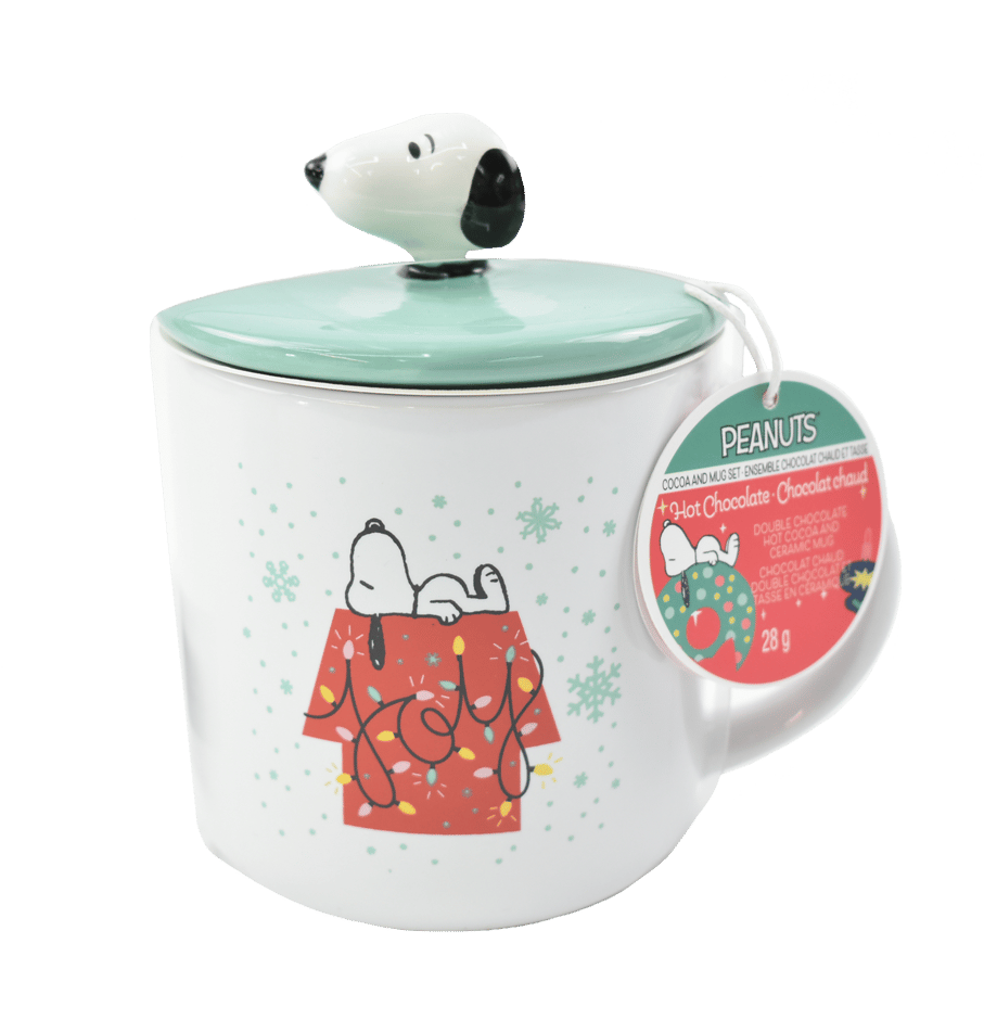 Snoopy hot chocolate mug set with a 3D Snoopy head lid and Christmas-themed artwork.