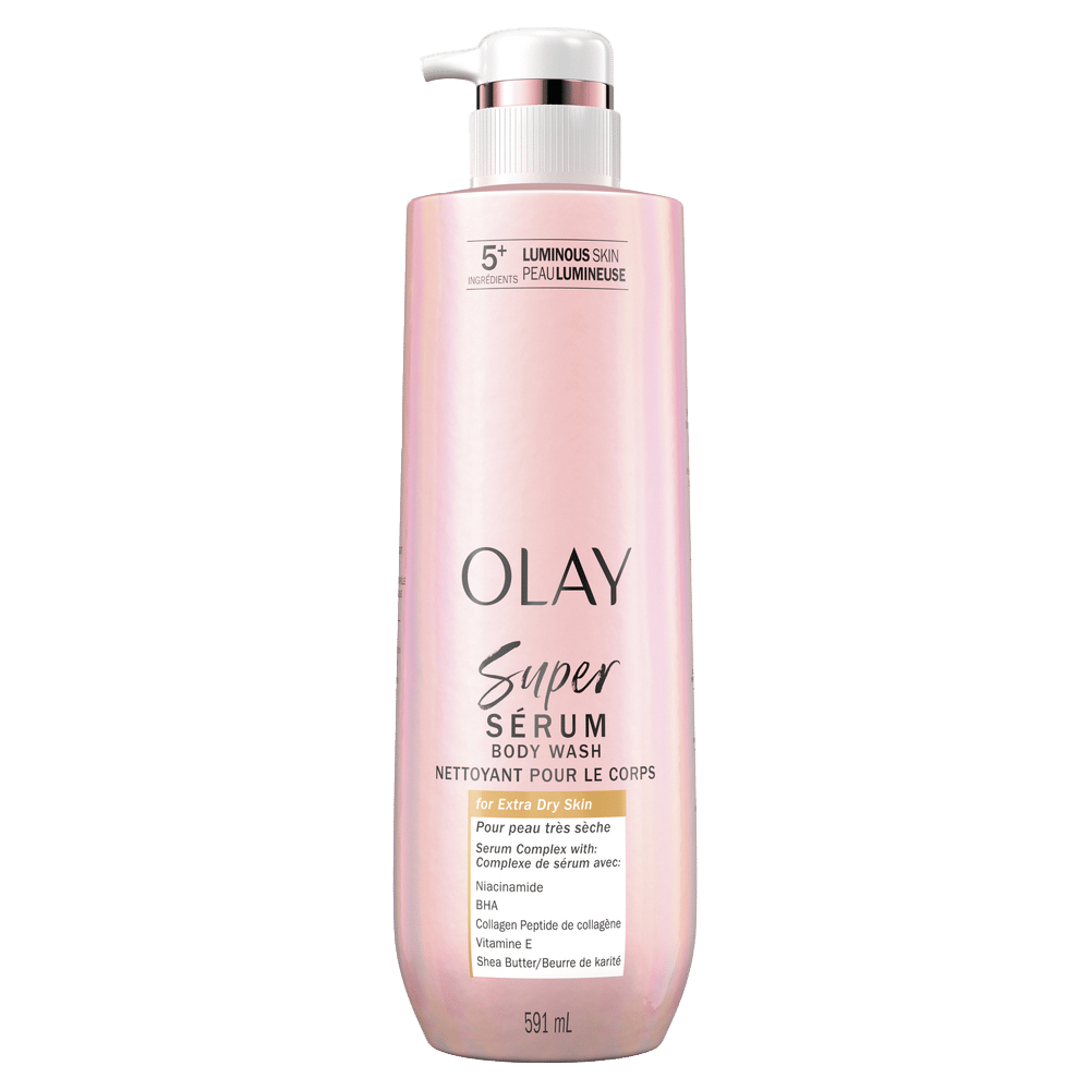 Pink Olay Super Serum Body Wash pump bottle for extra dry skin, featuring Niacinamide and Shea Butter.