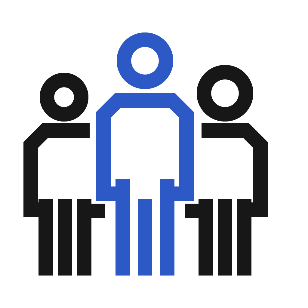 Icon: Group of 3 people, central figure in blue.