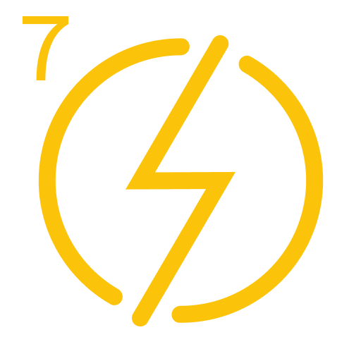 Yellow lightning bolt in circle, with small '7' in top left, on green background.