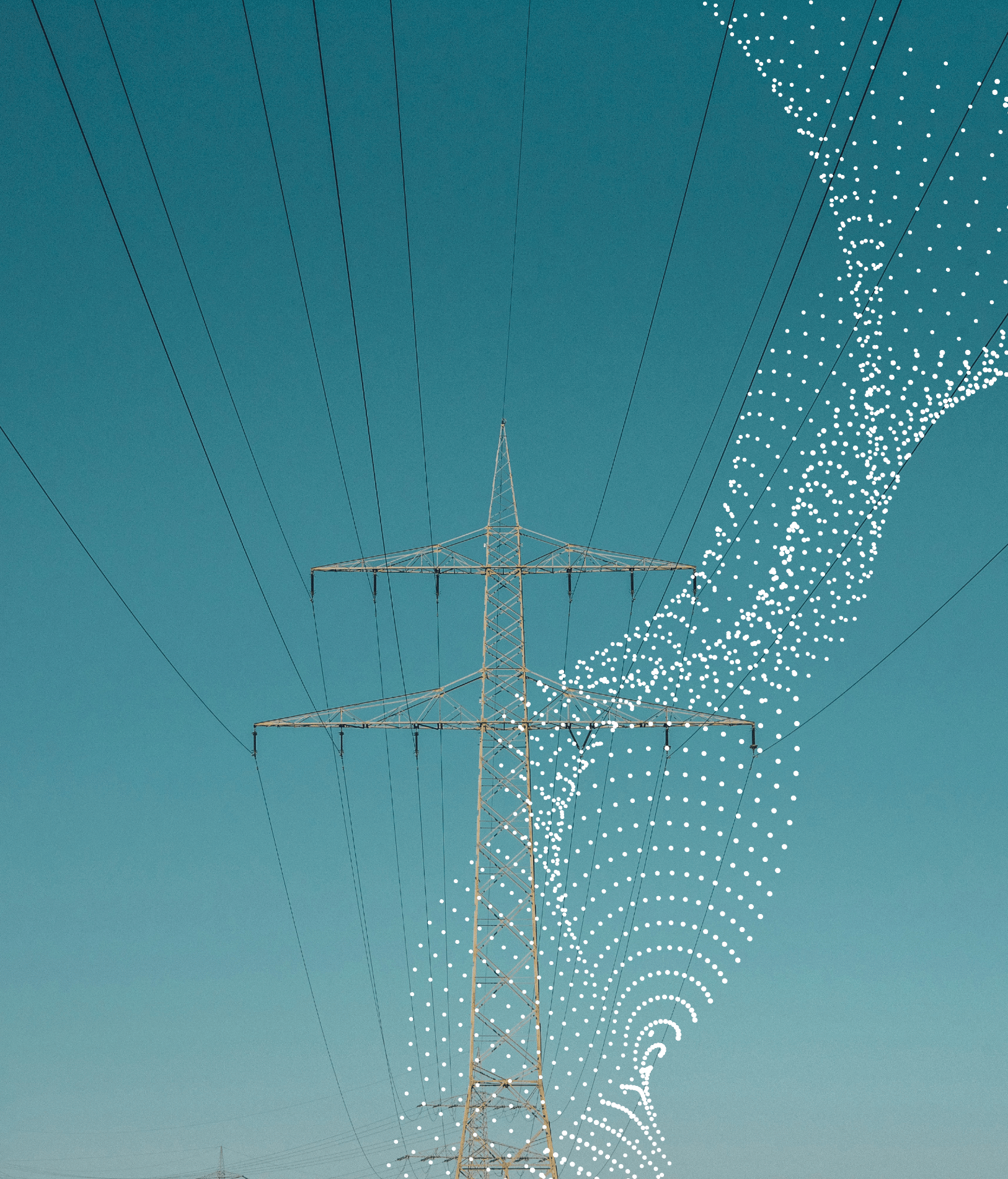 Power line tower, wires, and swirling white dot pattern against blue sky.