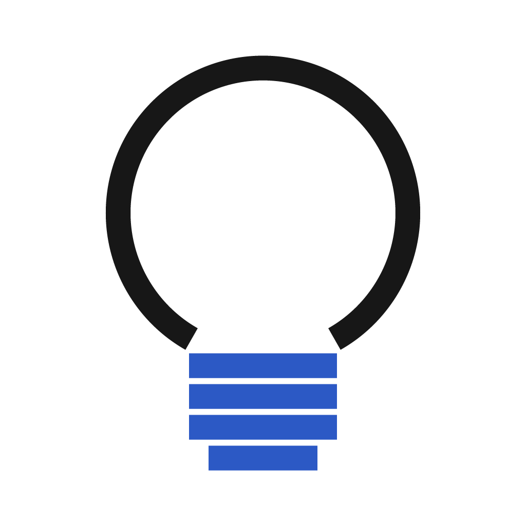 A stylized lightbulb icon with a black circular top and a blue striped base.