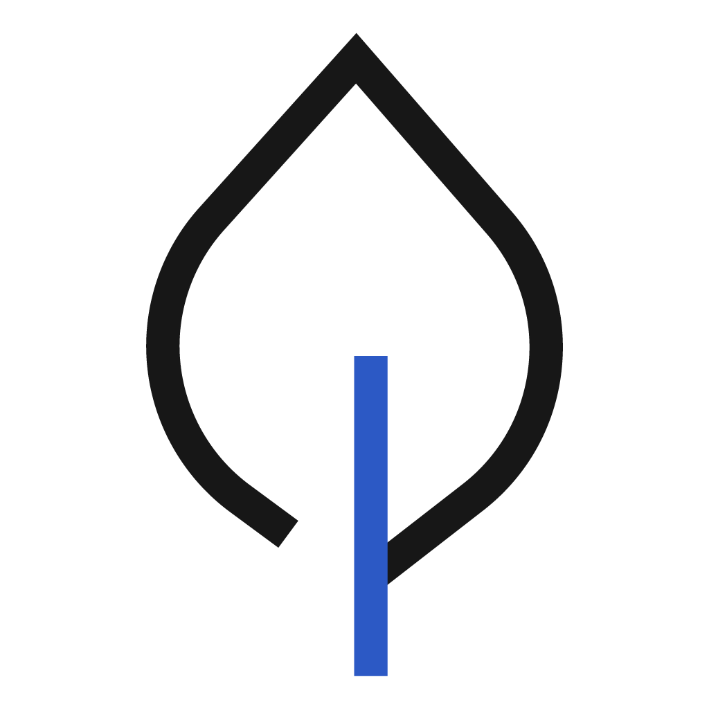 Stylized gray leaf outline with blue line.
