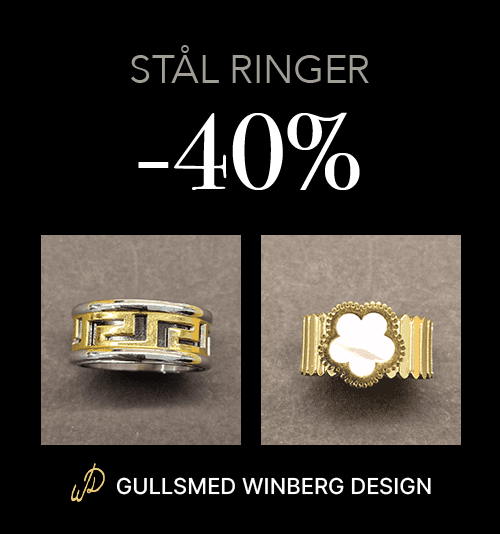 Ad for Steel Rings: 40% off. Features two ornate rings, one with a Greek key pattern, one with a clover.