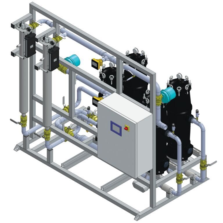 CAD render of an industrial water filtration system with pipes, valves, filters, and control box.
