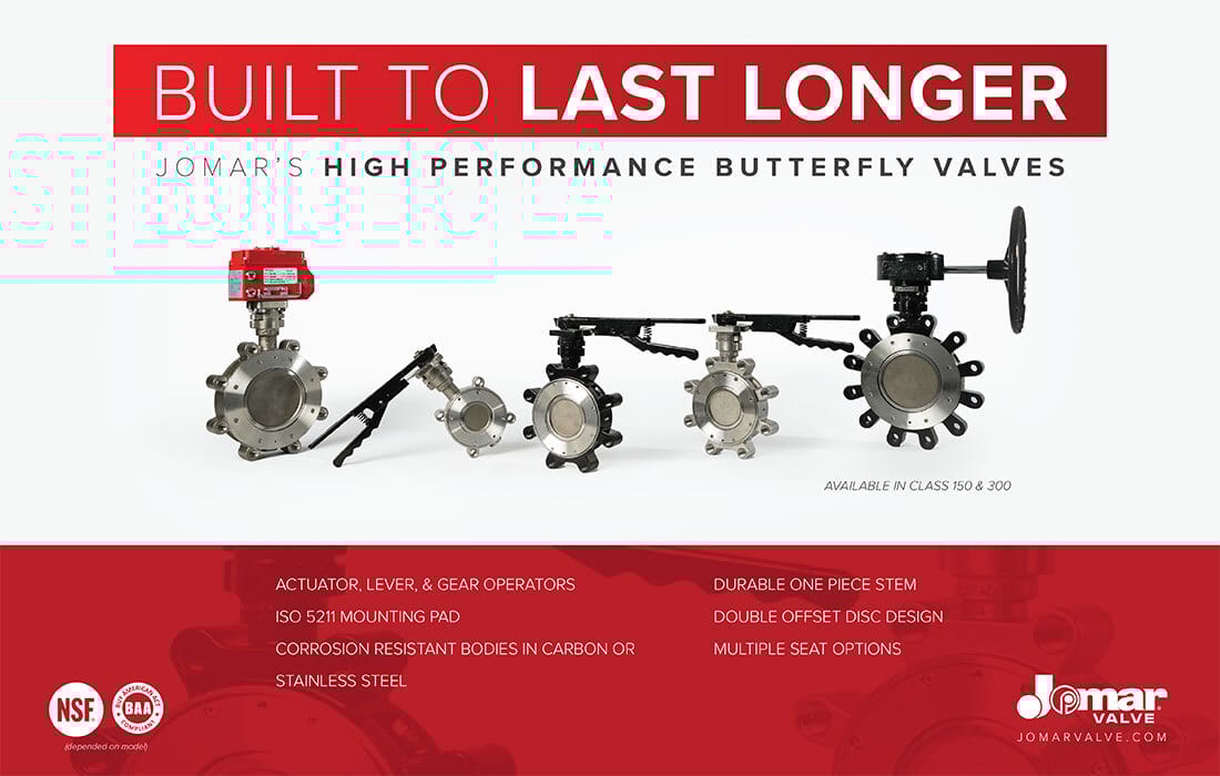 Jomar high-performance butterfly valves, built to last longer, with listed features.