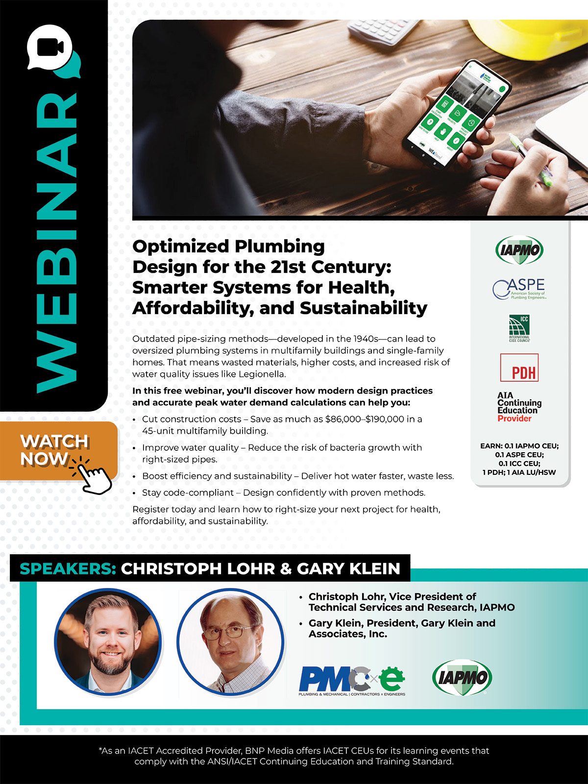 Webinar on optimized plumbing for health, affordability, and sustainability, featuring Christoph Lohr & Gary Klein.