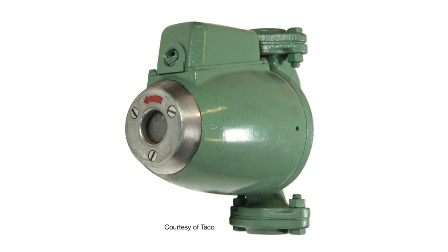 A green industrial pump with a circular silver front plate and a red arrow, shown against a white background.