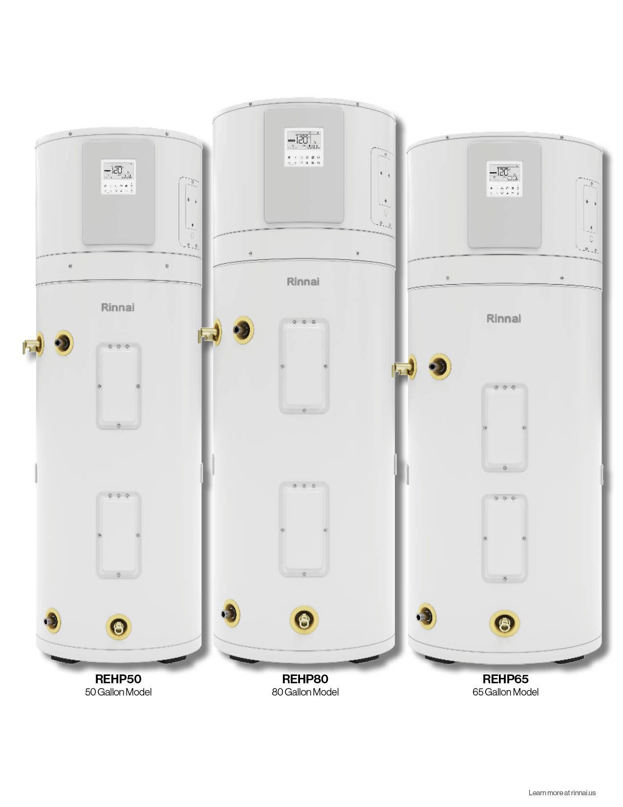 Three white Rinnai water heaters: REHP50 (50 Gallon), REHP80 (80 Gallon), and REHP65 (65 Gallon).