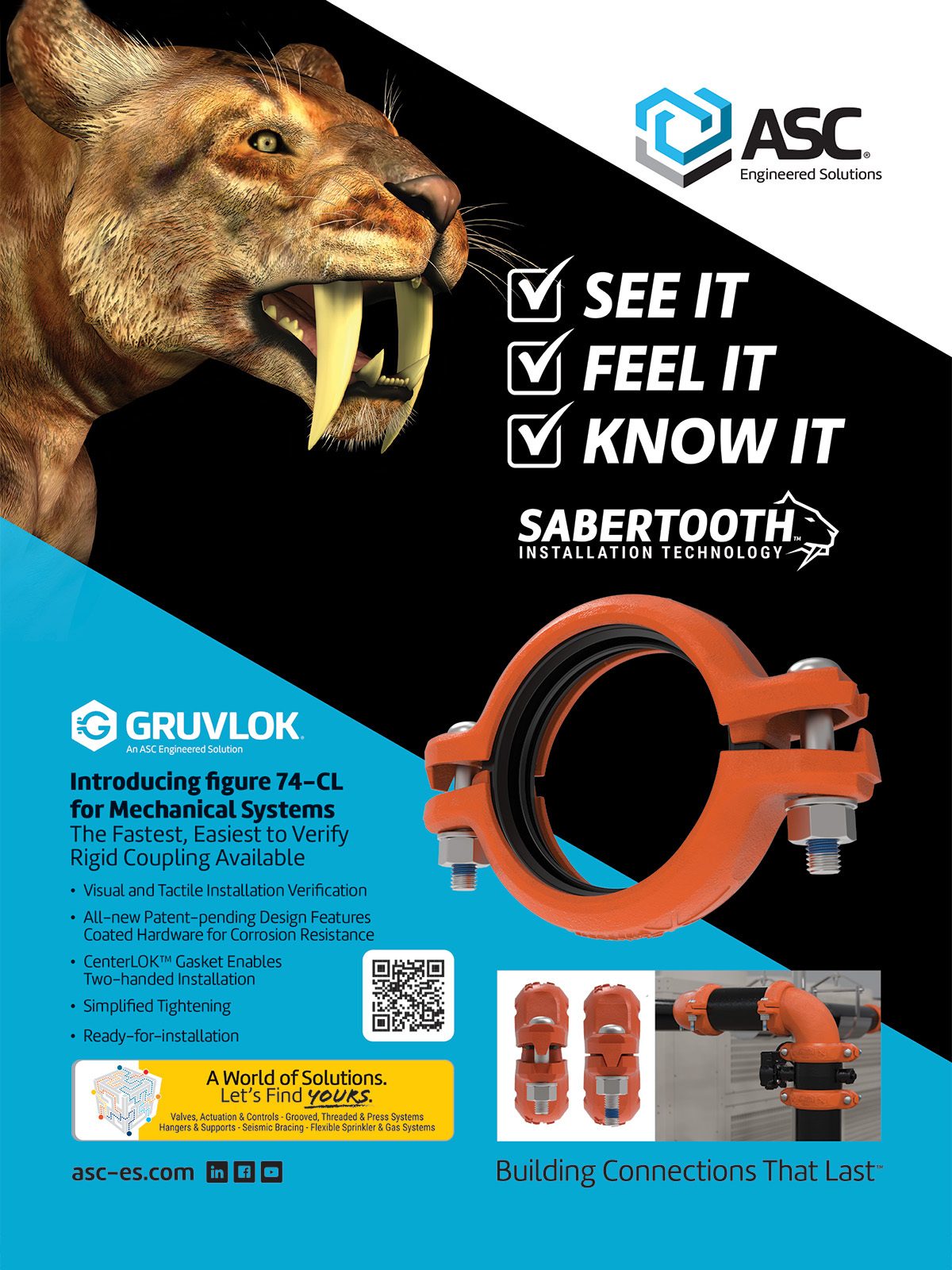 Ad featuring a saber-toothed tiger, ASC logo, and Gruvlok Figure 74-CL Sabertooth rigid pipe coupling.