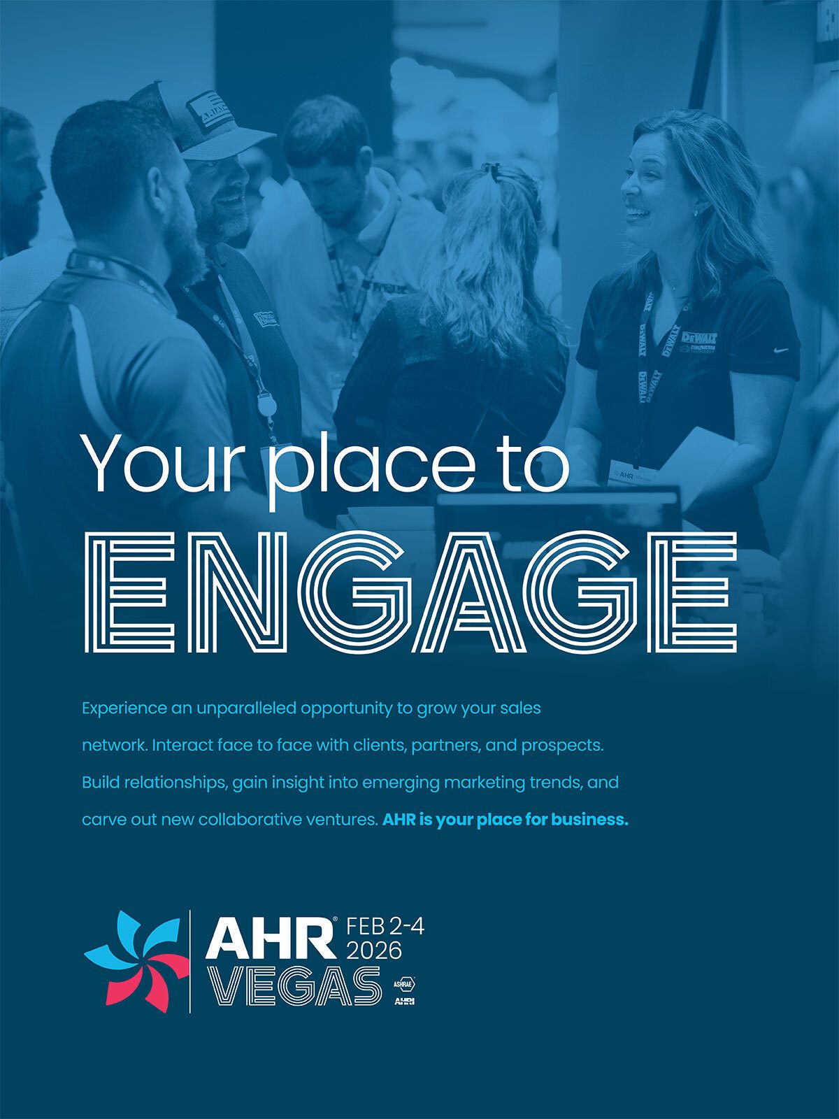 People networking at the blue-tinted AHR Vegas 2026 event, promoting business engagement.