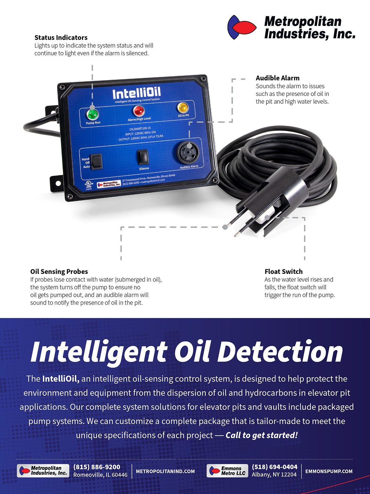 IntelliOil oil detection system for elevator pits with control unit, probes, and float switch.