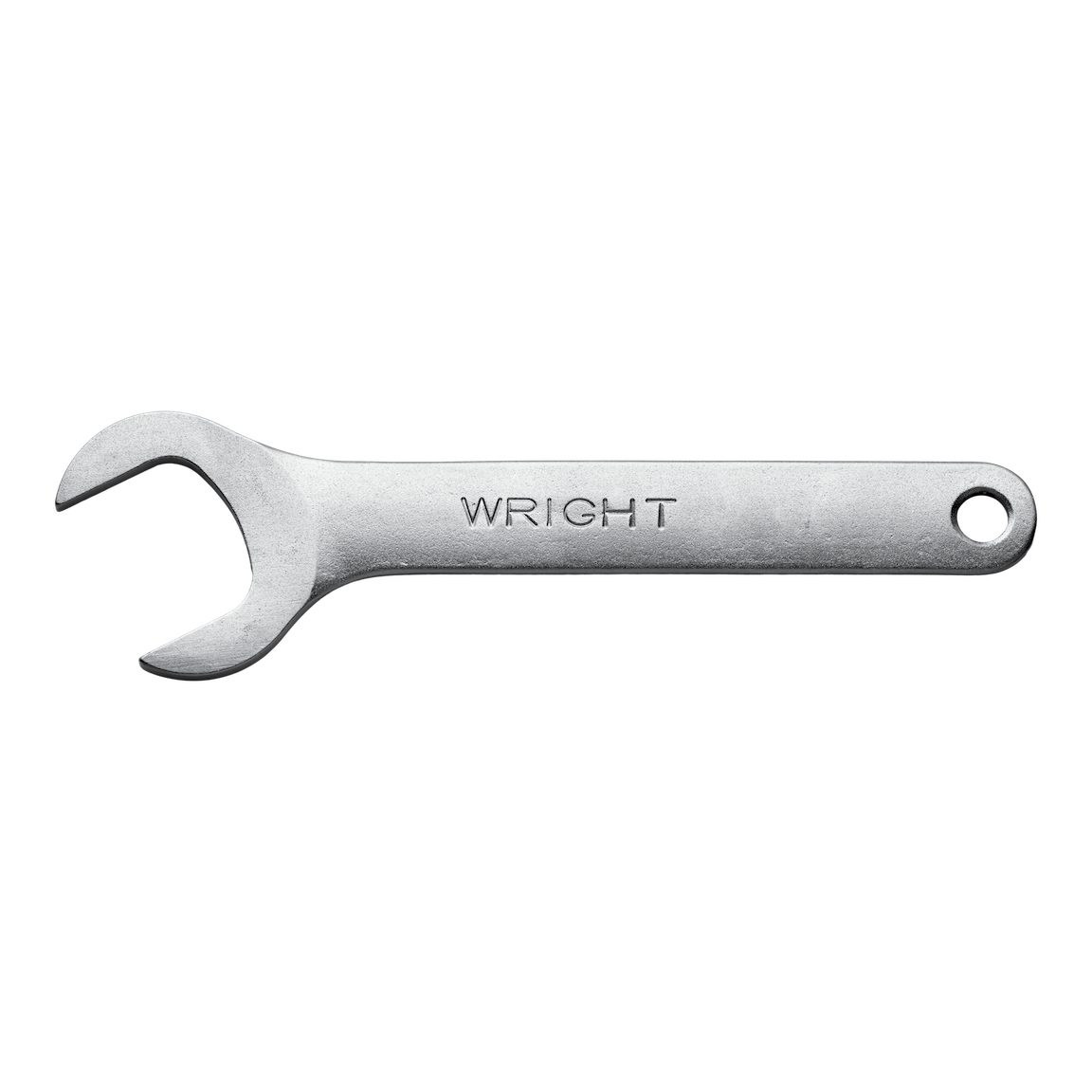 Silver open-end wrench with "WRIGHT" embossed on it and a hole at the end, on a white background.