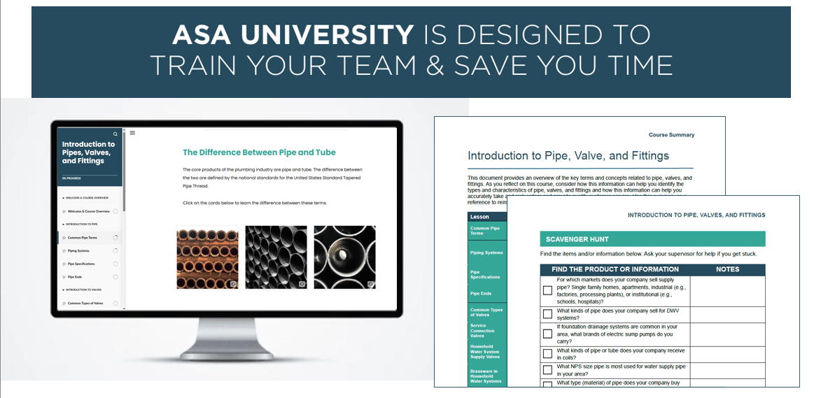 ASA University training: online course on pipes/valves/fittings and a scavenger hunt worksheet.