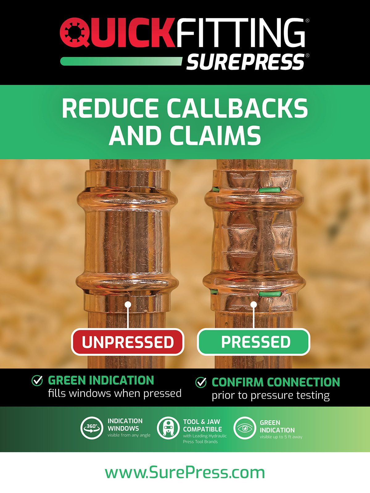 Compares QuickFitting SurePress unpressed vs. pressed pipes with green indication for connection confirmation.