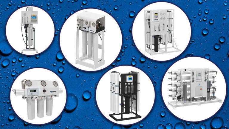 Six different white and black water purification/reverse osmosis systems in circular frames on a blue background with water drops.