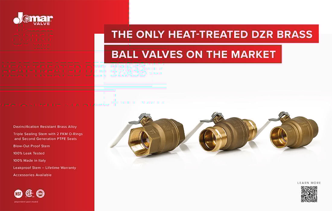 Jomar Valve's unique heat-treated DZR brass ball valves. Three valves shown.