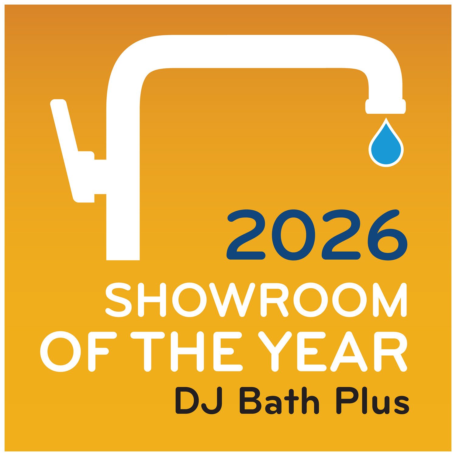 Gold award for DJ Bath Plus as the 2026 Showroom of the Year, featuring a faucet and water drop.
