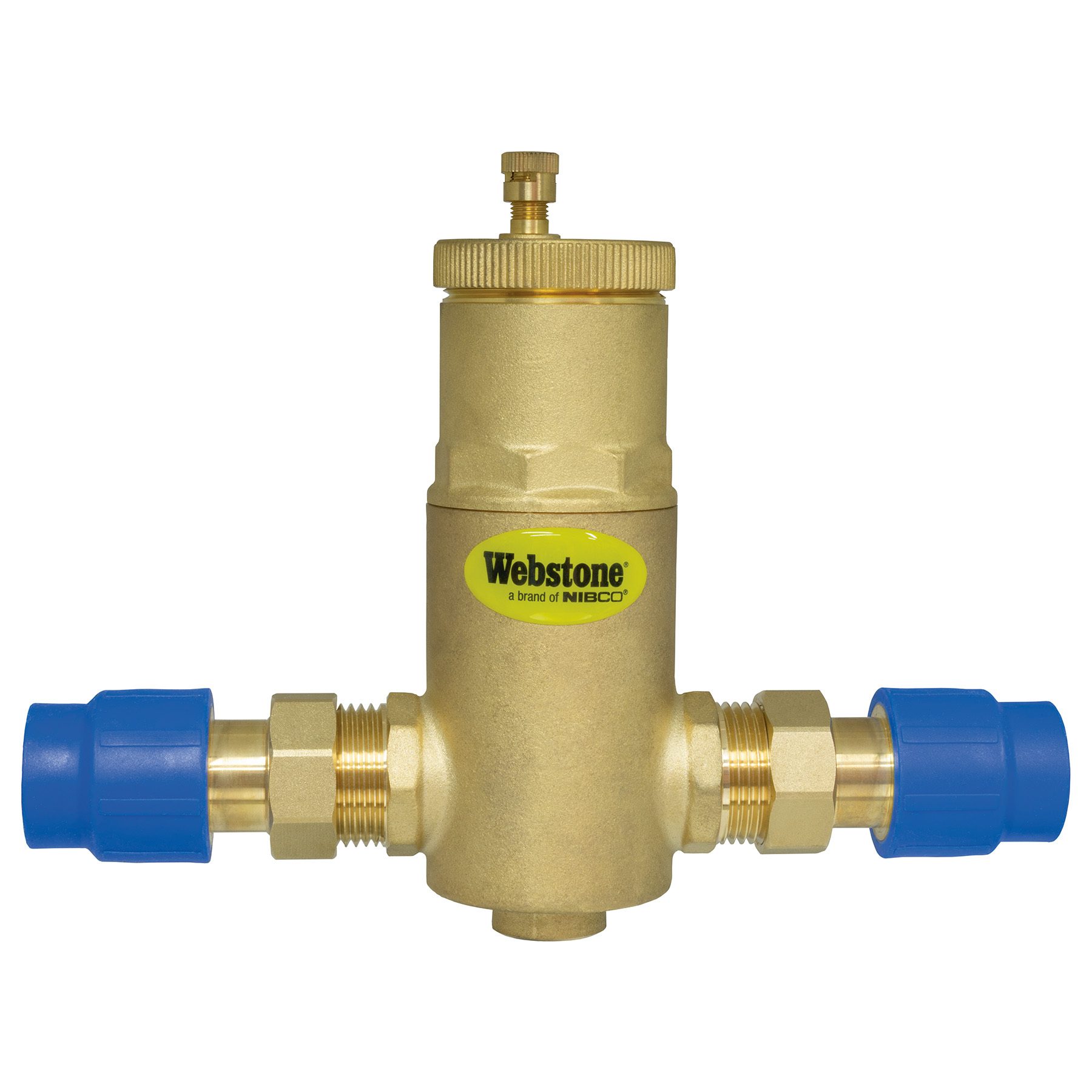 Webstone brass automatic air vent with blue connectors.