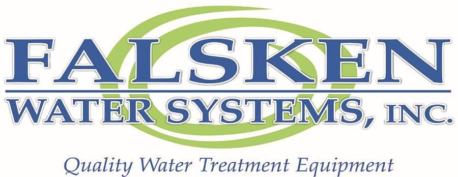 FALSKEN WATER SYSTEMS, INC. logo. Blue text, green curves. Quality Water Treatment Equipment.
