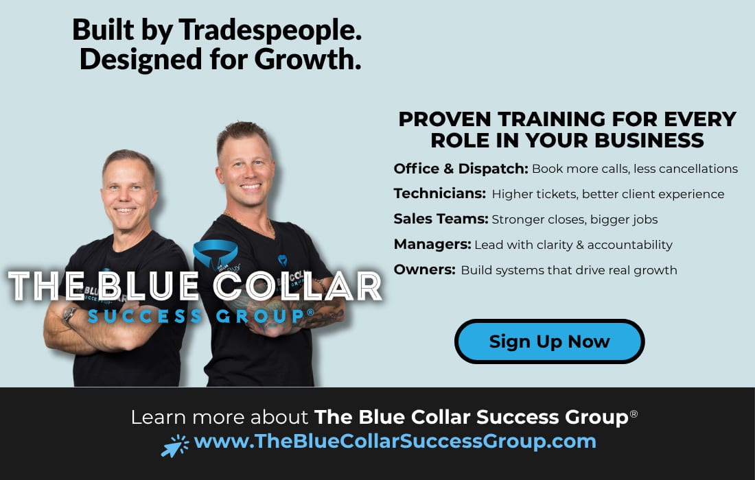 Two men promote The Blue Collar Success Group's training for all business roles, including tradespeople.