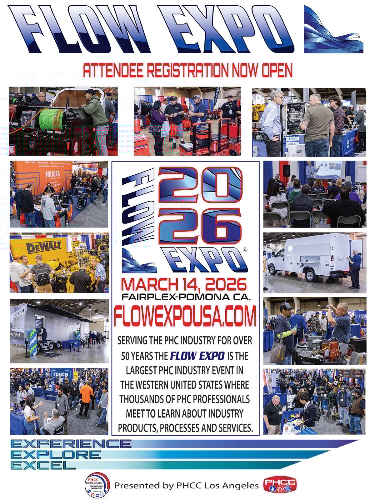 Promotional flyer for Flow Expo 2026, showing expo attendees and details: March 14, 2026.