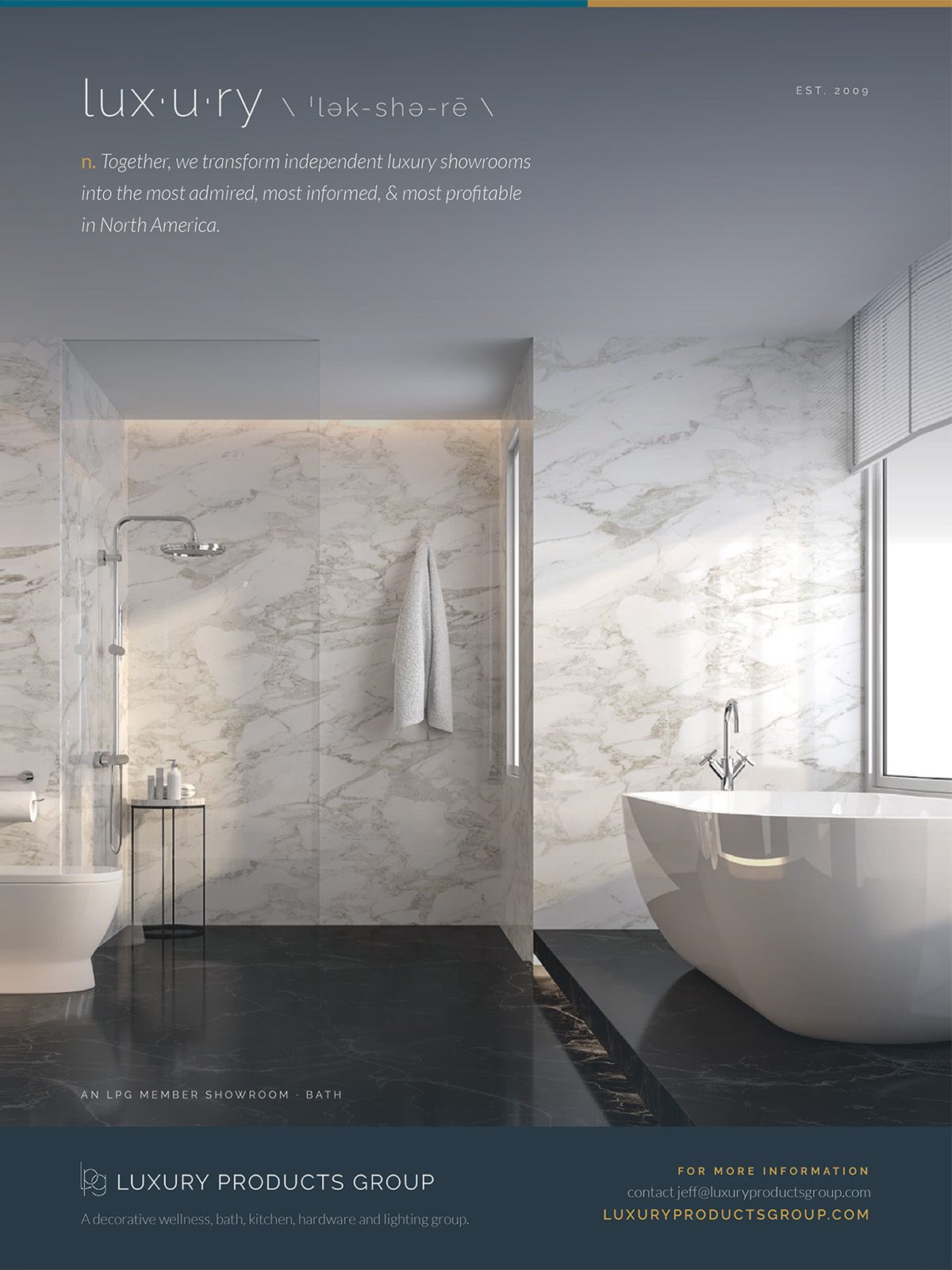 A luxurious bathroom interior featuring a shower, bathtub, and toilet, with text promoting luxury showrooms.