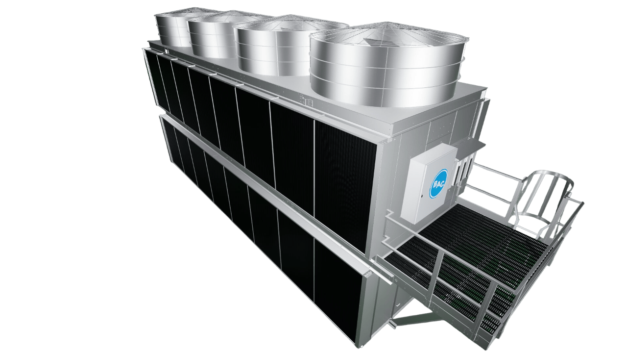Large industrial cooling tower with several fans, intake louvers, and a side access platform.