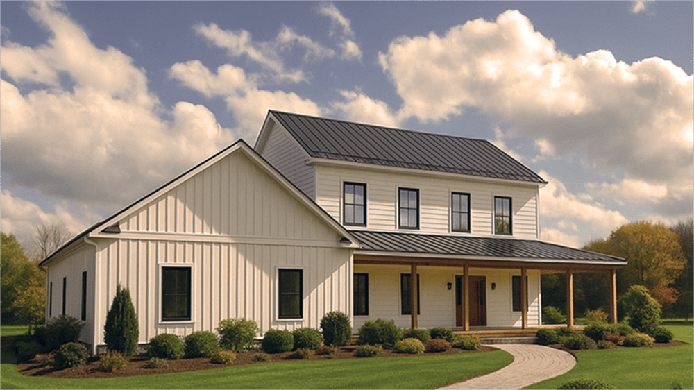 White modern farmhouse with dark metal roof & wrap-around porch, green yard, cloudy sky.