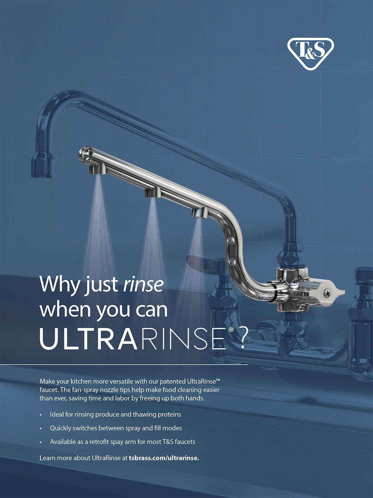 T&S UltraRinse faucet with multiple water sprays, and promotional text against a blue background.